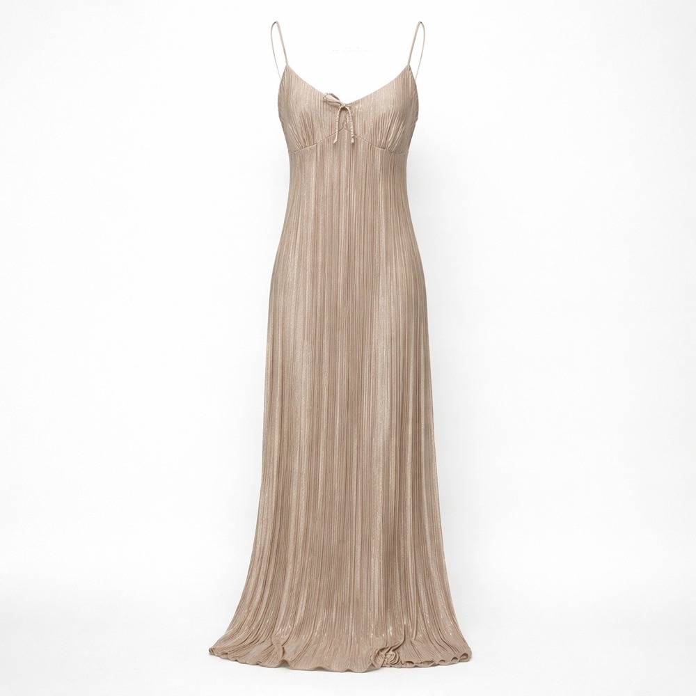 Y2K No Comment Babydoll Champagne Metallic Pleated Maxi Slip Dress L Fairy Glam